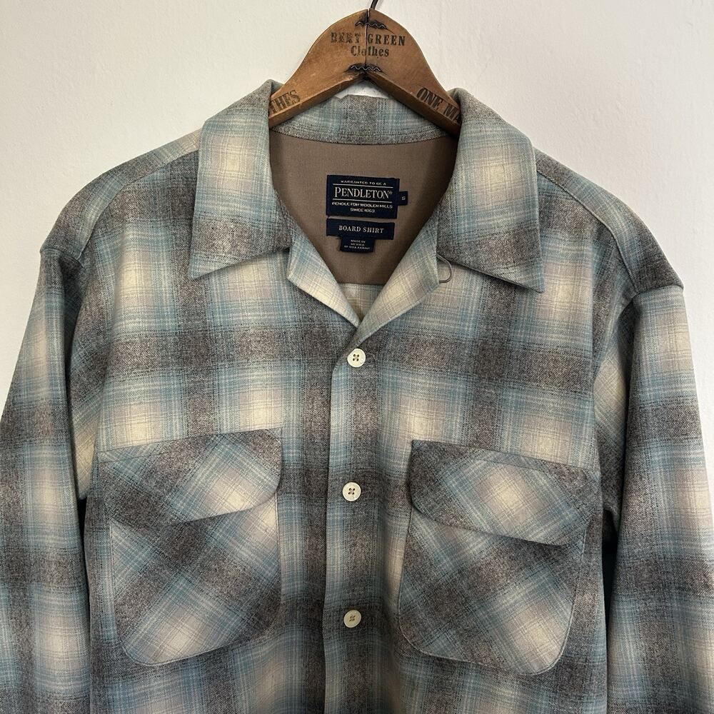 PENDLETON BOARD SHIRT MEN’S SMALL BLUE GRAY PLAID WOOL LOOP COLLAR MEXICO